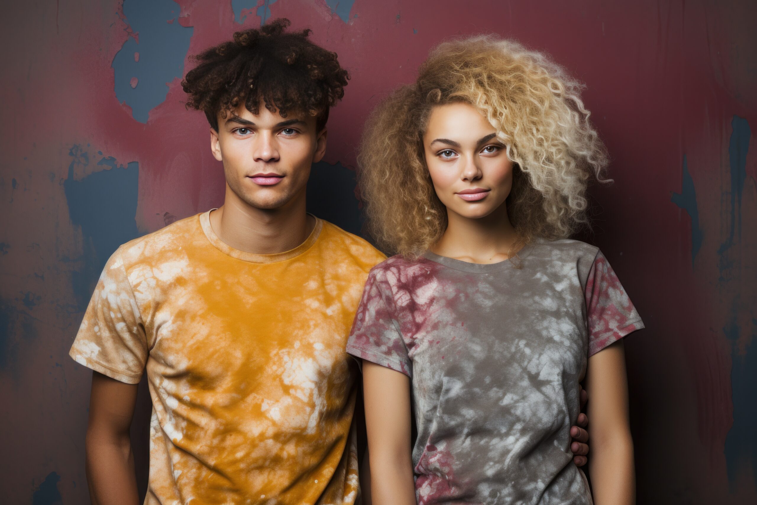 young couple wearing tshirt standing together.